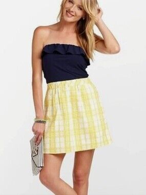 Lily Pulitzer Navy Yellow Gingham Strapless Mini Preppy Dress With Ruffles Small